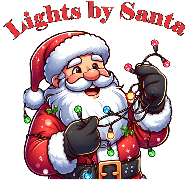 Lights by Santa — cartoon Santa holding a string of colorful Christmas lights